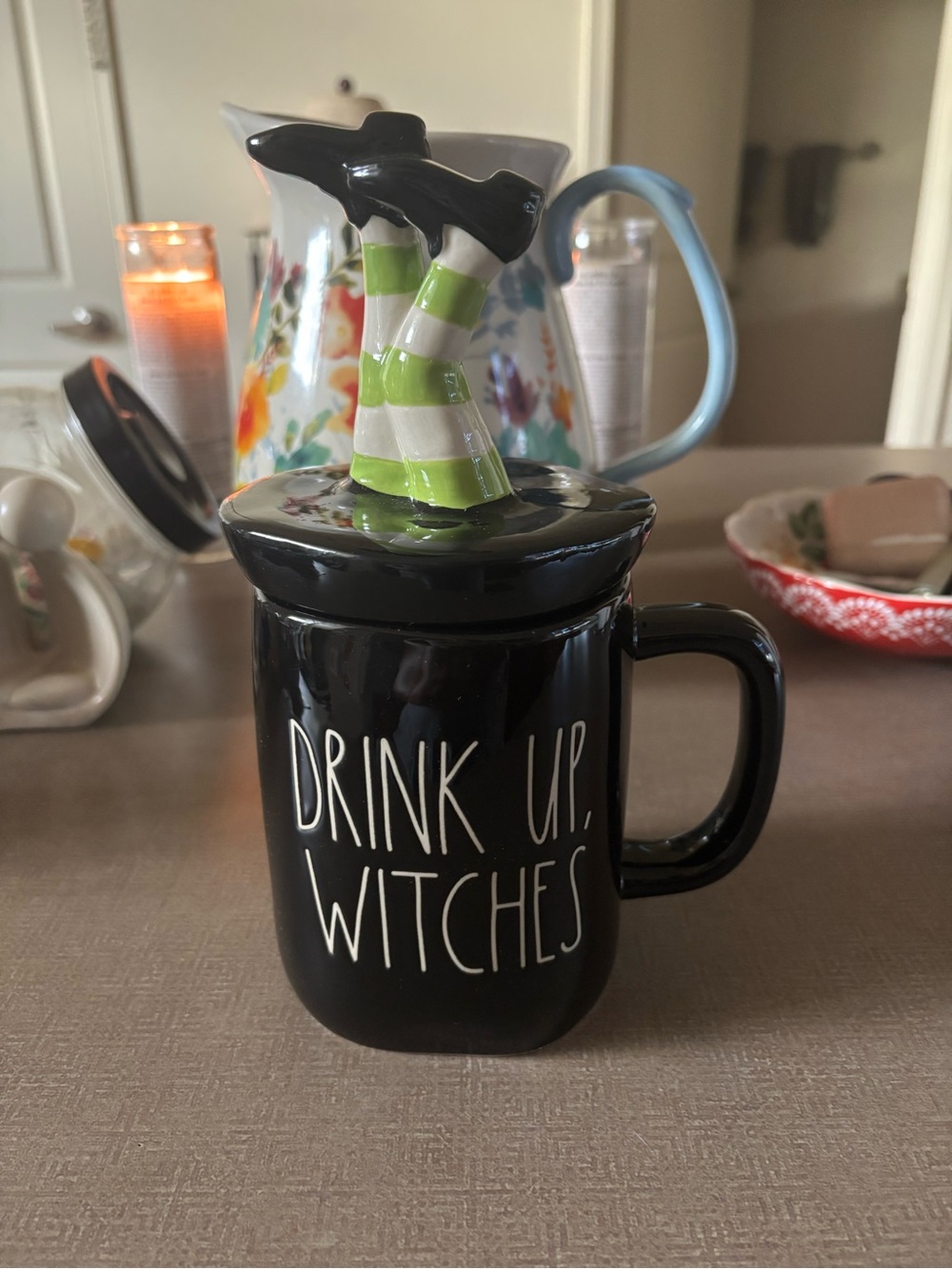 Rae Dunn Black Ceramic 'Drink Up, Witches' Mug with Green-Striped Witch Hat Lid